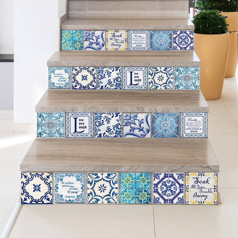Walplus Tile Stickers Peel and Stick English Quote Vintage Blue Wall Sticker Decal