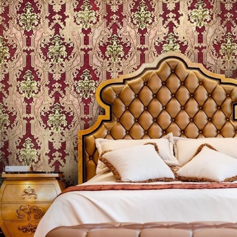 Embossed Wallpaper burgundy gold metallic textured Victorian damask