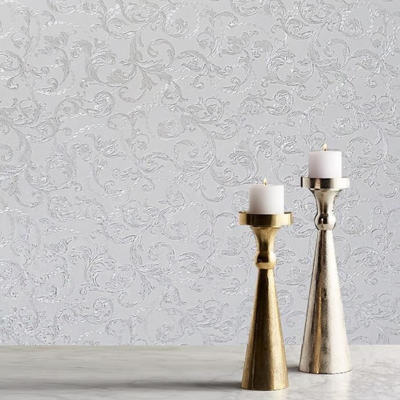 Embossed wallpaper textured Victorian damask off white cream - 42 inc x 33 ft