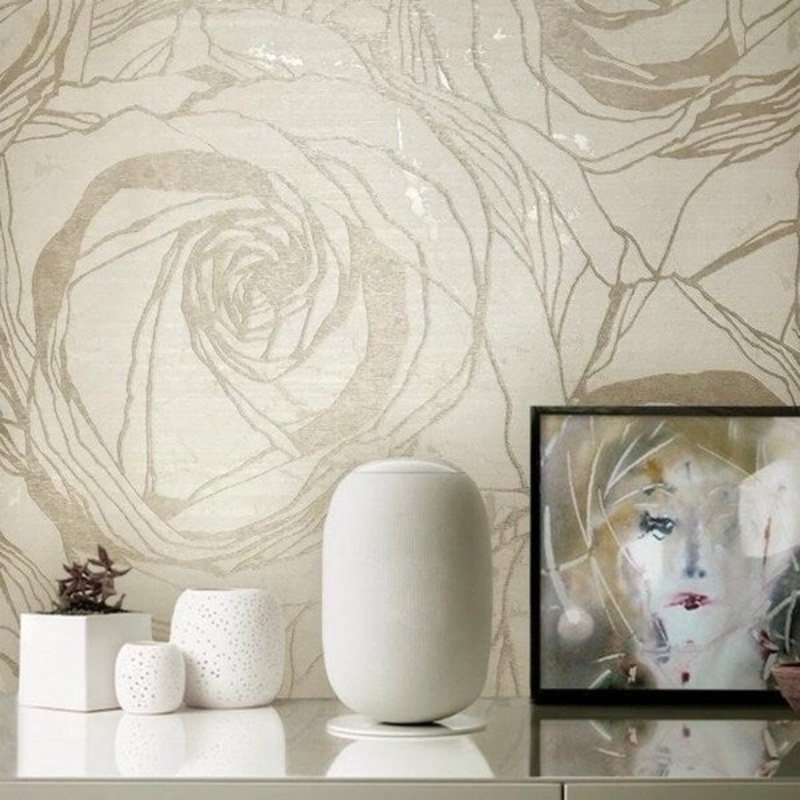 Wallpaper Beige Gold brass Metallic Textured Floral flowers Roses