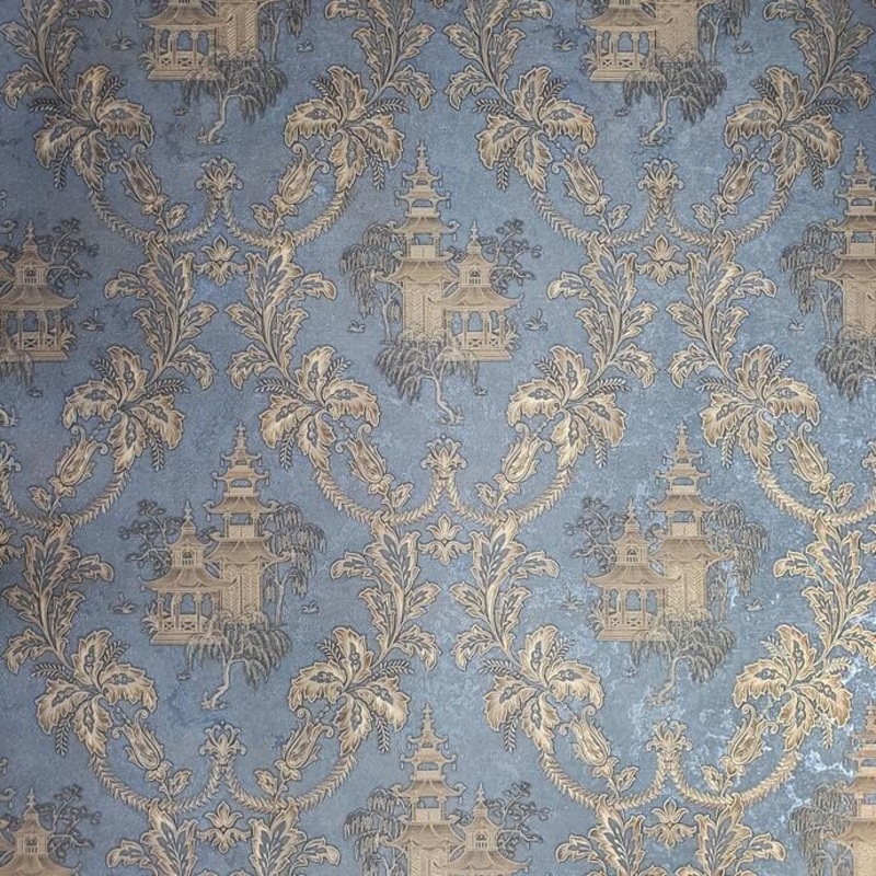 Wallpaper Oriental Scenic Asian Blue Gold Metallic floral damask - 42 inc x 33 ft