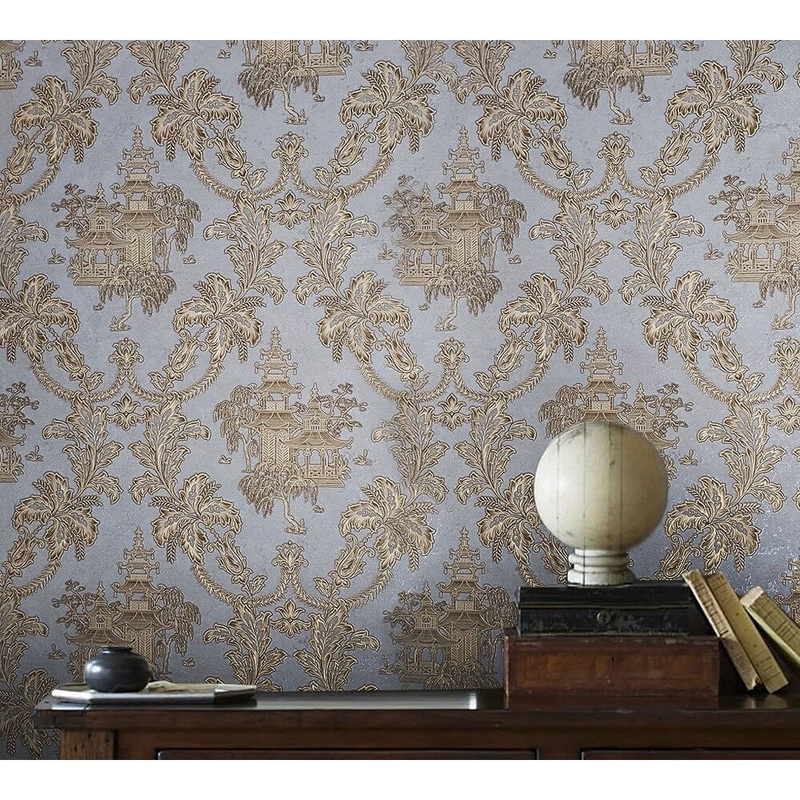 Wallpaper Oriental Scenic Asian Gray Gold Metallic textured floral - 3.5 ft x 33 ft