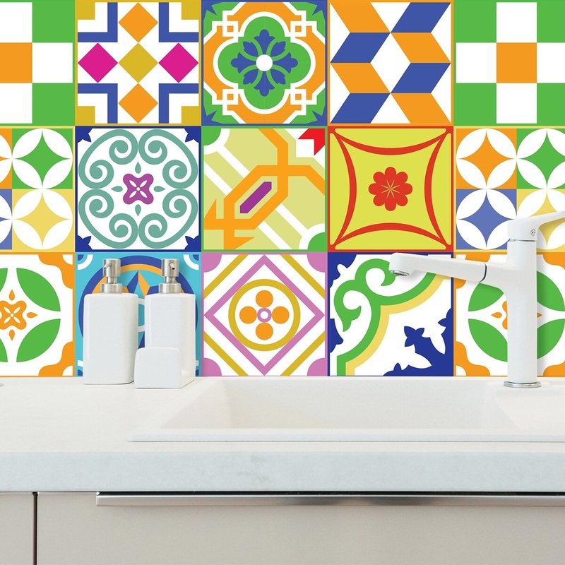 Walplus Classic Spanish Colorful Mixed Tile Stickers Peel and Stick Wall Stickers Set 2