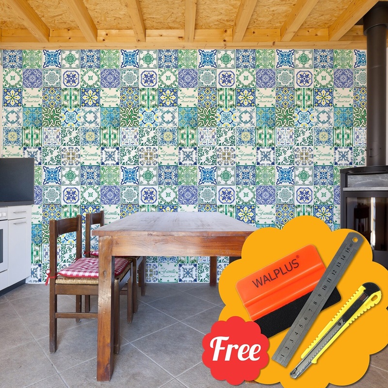 Walplus French Quote Mediterranean Sky Blue Green Tile Stickers Peel and Stick Wall Stickers