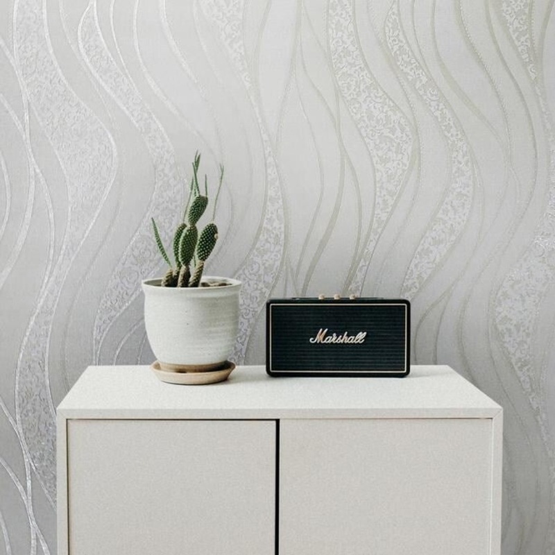 Wave lines ivory pearl gold Metallic Wallpaper damask texture 3D - 42 inc x 33 ft