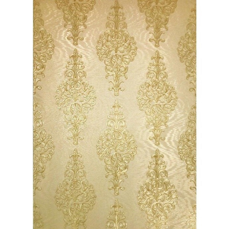 Victorian Damask Wallpaper beige gold metallic textured Wallcoverings - 42 inc x 33 ft