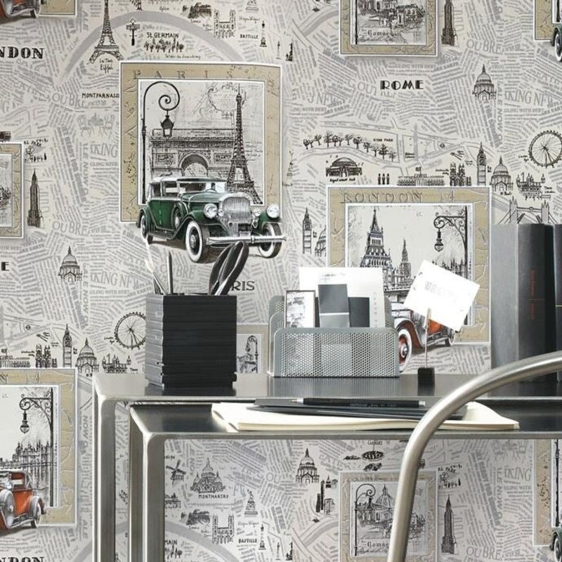 Wallpaper beige cream textured vintage retro cars cities - 21 inc x 33 ft
