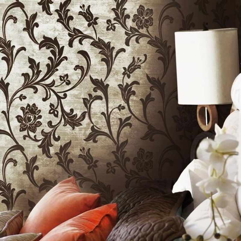 Wallpaper Coffee Brown Metallic Textured Damask Flocked - 27 inc x 33 ft
