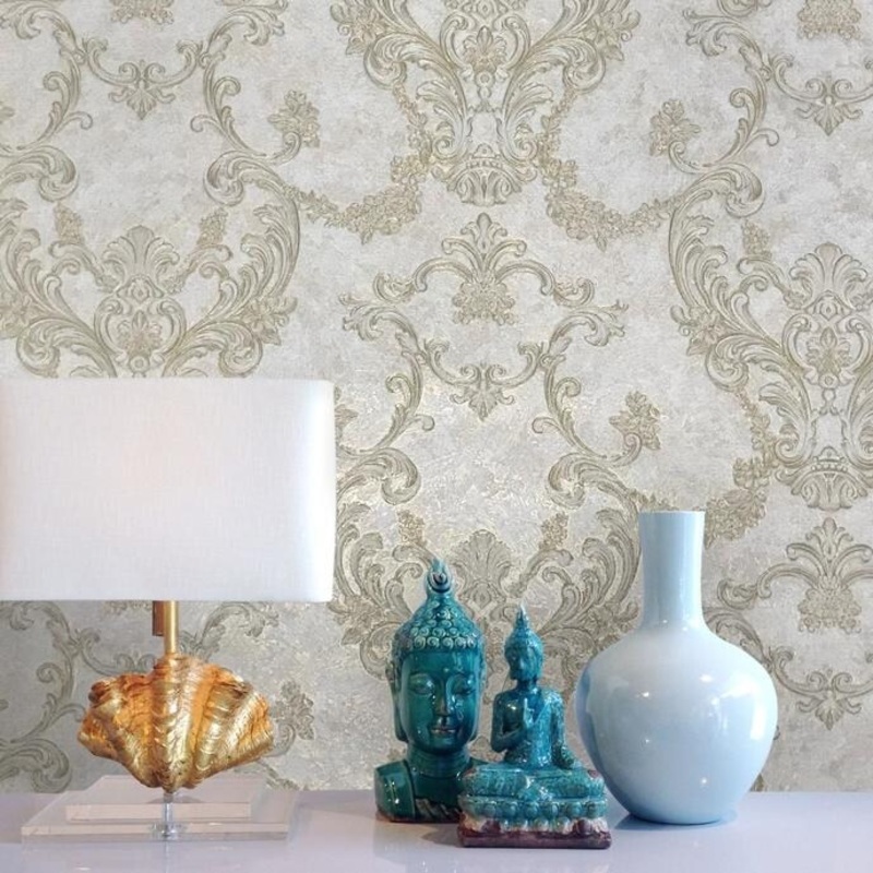 Wallpaper textured damask gray ivory Gold Metallic wallcoverings - 42 inc x 33 ft