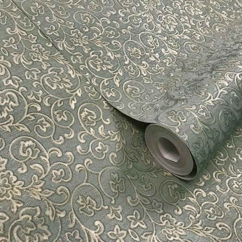 Wallpaper textured Victorian damask green metallic gold - 42 inc x 33 ft