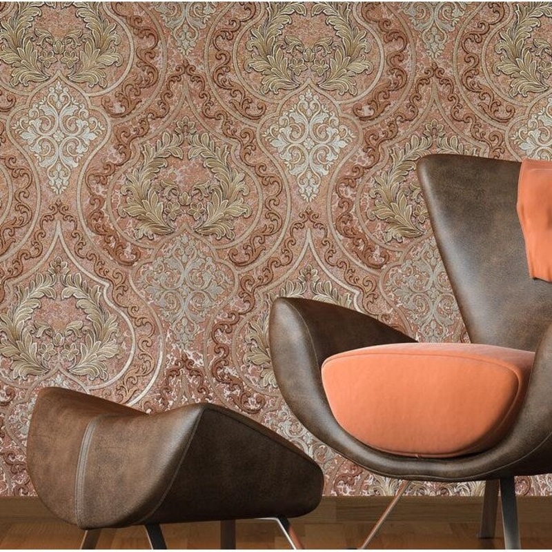 Wallpaper Victorian Damask orange red gold bronze Metallic textured embossed 3D - 42 inc x 33 ft