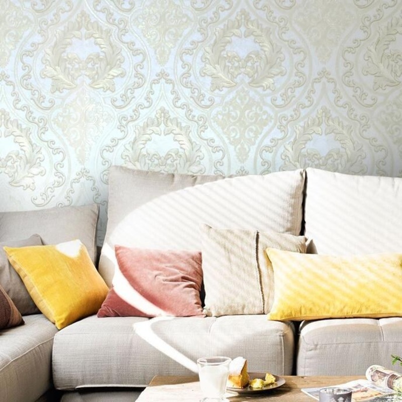 Wallpaper Victorian Large Vintage Damask White Ivory Gold Pearl - 42 inc x 33 ft