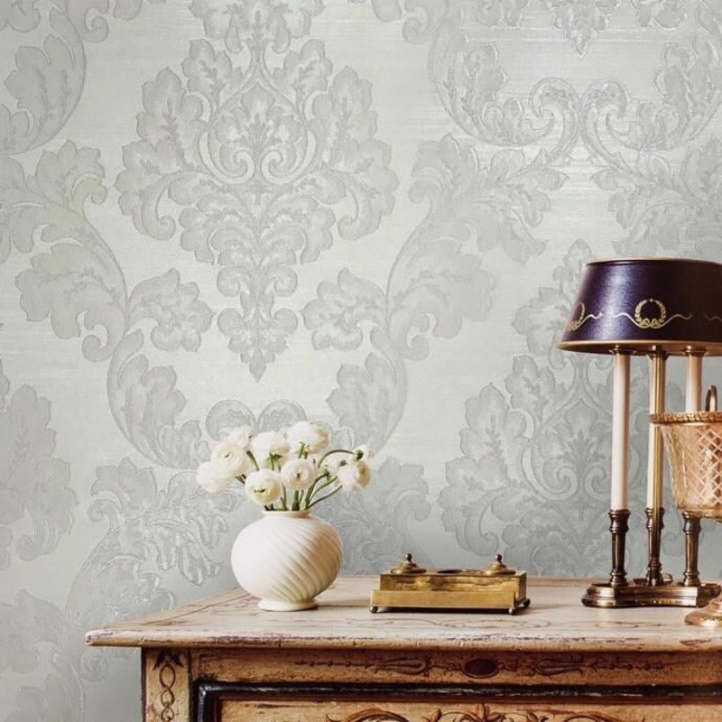 Wallpaper white gray Textured Victorian Vintage Damask 3D - 27 inc x 33 ft