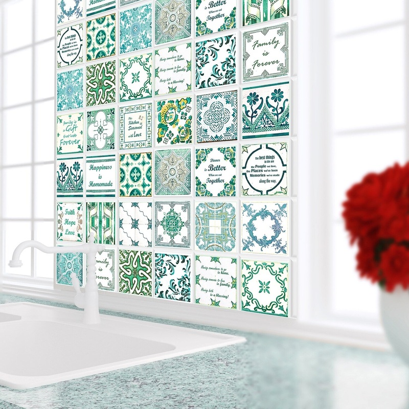 Walplus Tile Stickers Peel and Stick with French Quote Green Wall Sticker Decal 24pcs