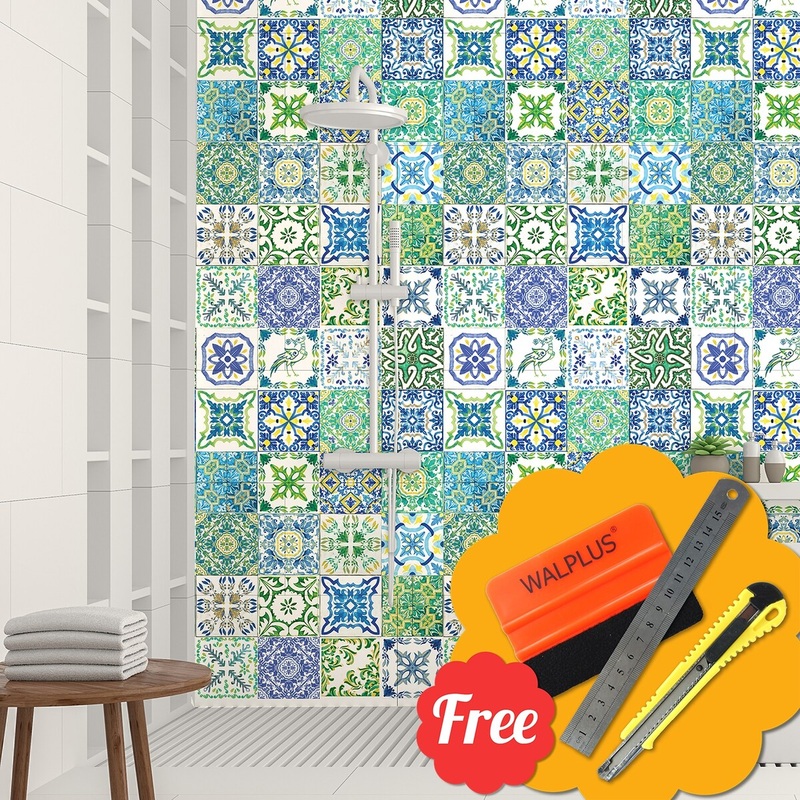 Walplus Turkish Blue Green Mosaic Mix Tile Stickers Peel and Stick Wall Stickers