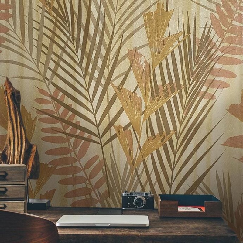 Textured Wallpaper Gold Metallic Floral Tropical Palm Leaves - 27 inc x 33 ft
