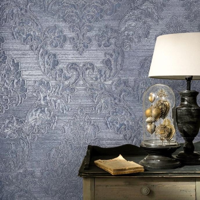 Wallpaper navy blue Metallic Textured Vintage Victorian Damask - 27 inc x 33 ft