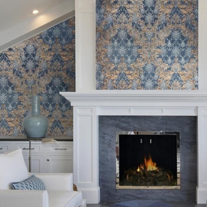 Wallpaper textured Victorian beige Vintage Damask texture Navy Blue metallic 3D