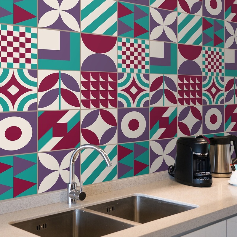 Walplus Barbra Turquoise Burgundy Geometric Retro Wall Tile Stickers Peel and Stick