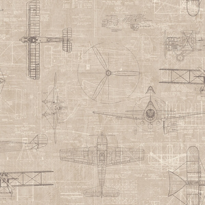 Seabrook Designs Earhart Plane Blueprints Unpasted Wallpaper