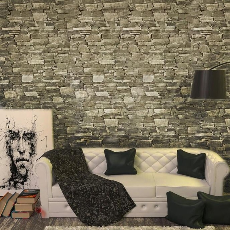 Wallpaper textured taupe brown gray faux stone brick 3D - 21 inc x 33 ft