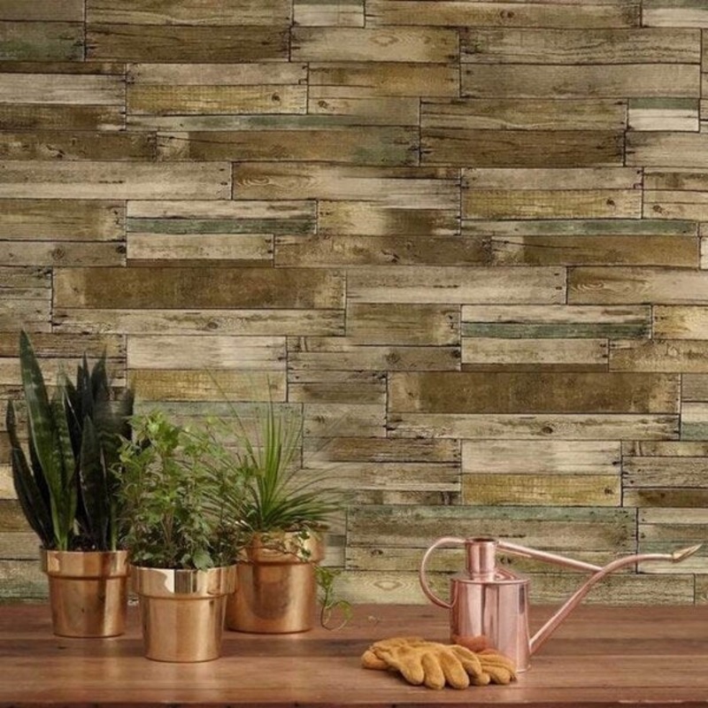 Wallpaper textured walnut brown green Barns rustic Distressed planks