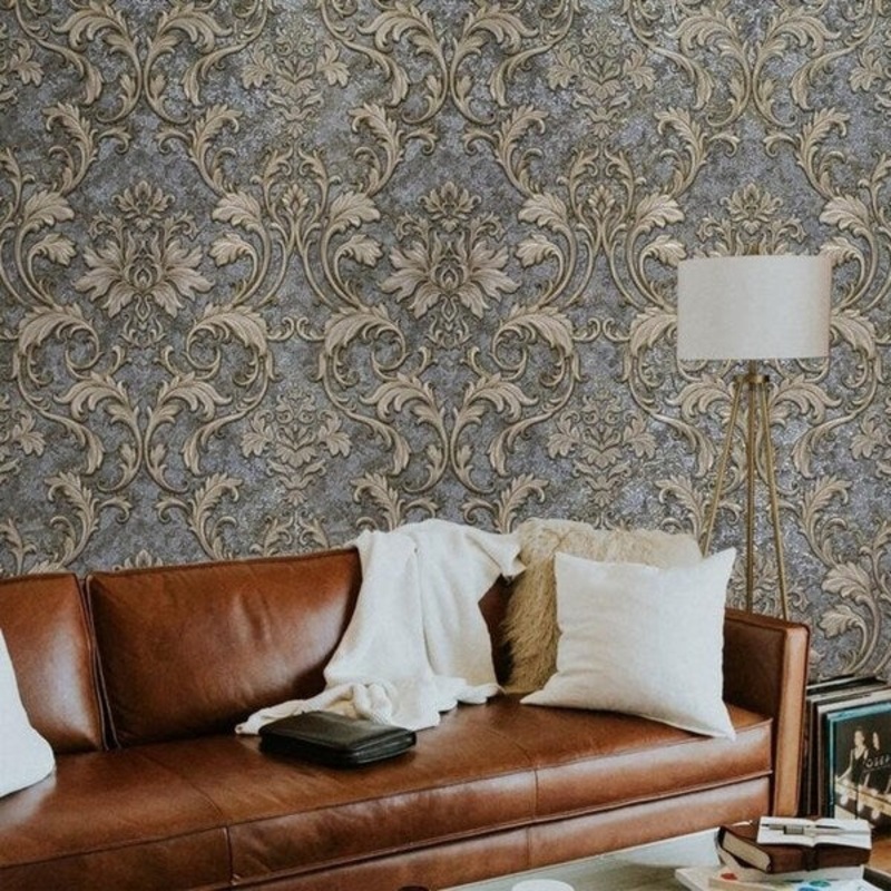 Wallpaper Victorian Damask Charcoal Grey beige bronze Metallic textured embossed