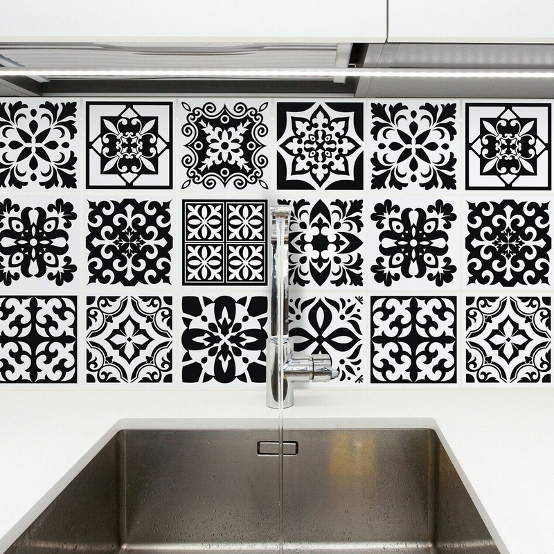 Walplus Calli Black White Mediterranean Wall Tile Stickers Peel and Stick