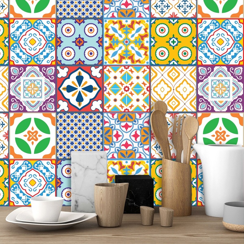 Walplus Classic Mediterranean Colorful Mixed Tile Stickers Peel and Stick Wall Sticker Set 2
