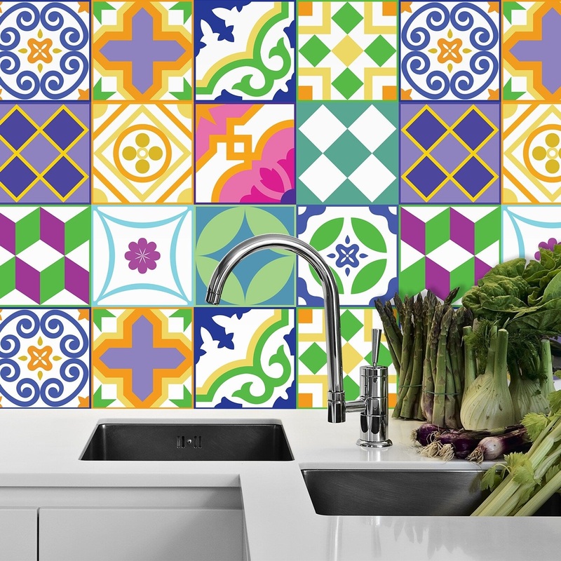 Walplus Classic Spanish Colorful Mixed Tile Stickers Peel and Stick Wall Stickers Set 1