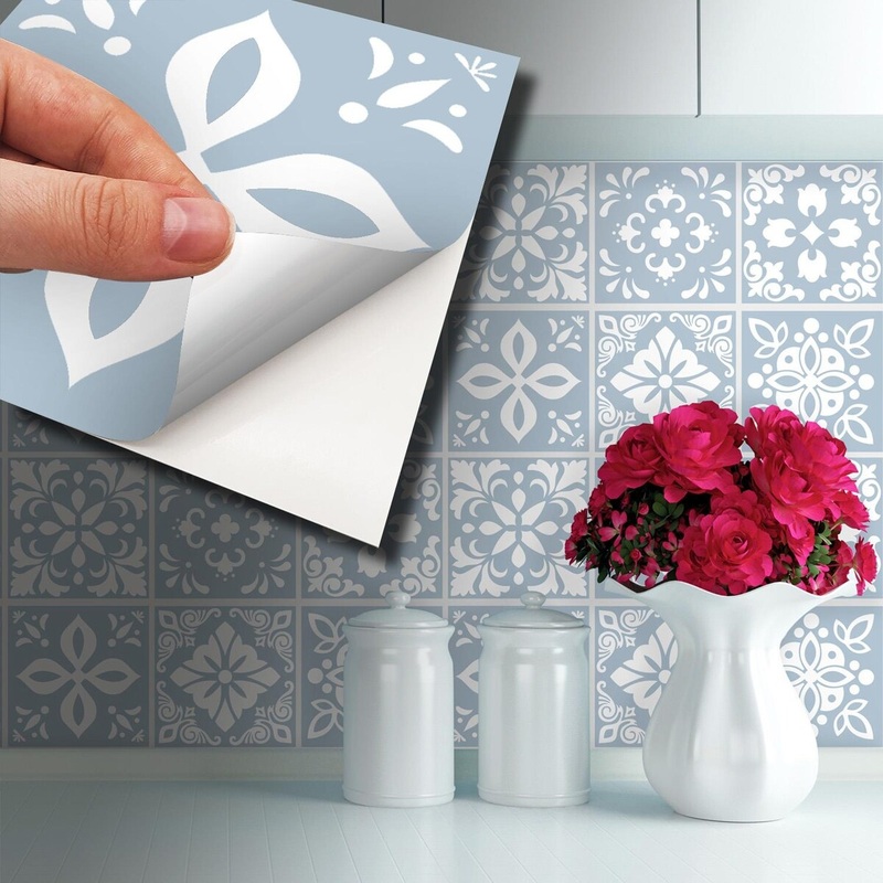 Walplus Triana Blue Grey Cemente Spanish Wall Tile Sticker Peel and Stick