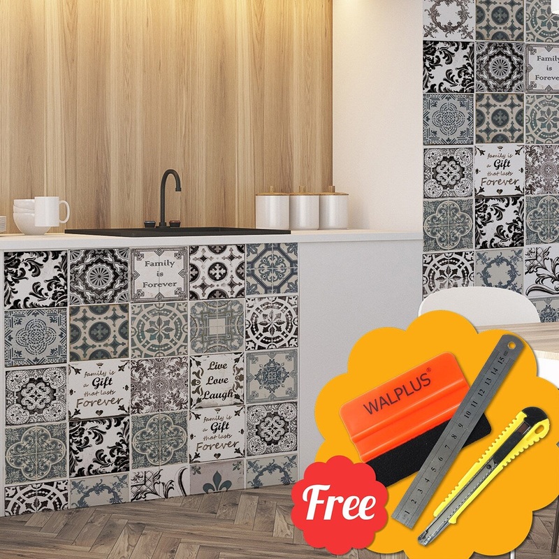 Walplus Vintage Blue & Brown English Quote Mosaic Tile Stickers Peel and Stick Wall Stickers