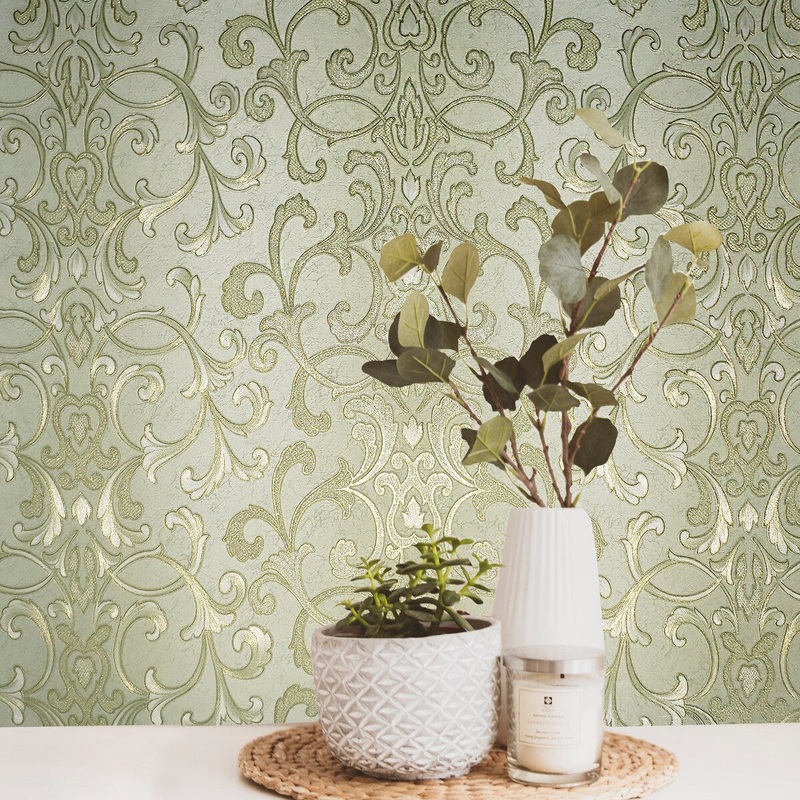 Wallpaper textured Victorian damask green gold striped