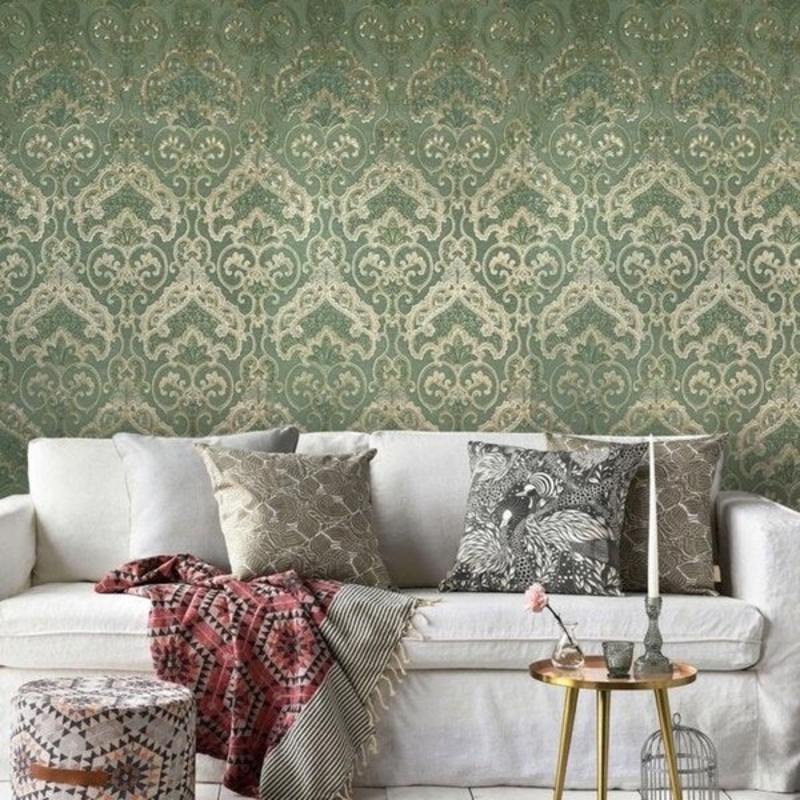 Wallpaper Textured Victorian Modern damask Green Metallic Gold 3D rolls vintage