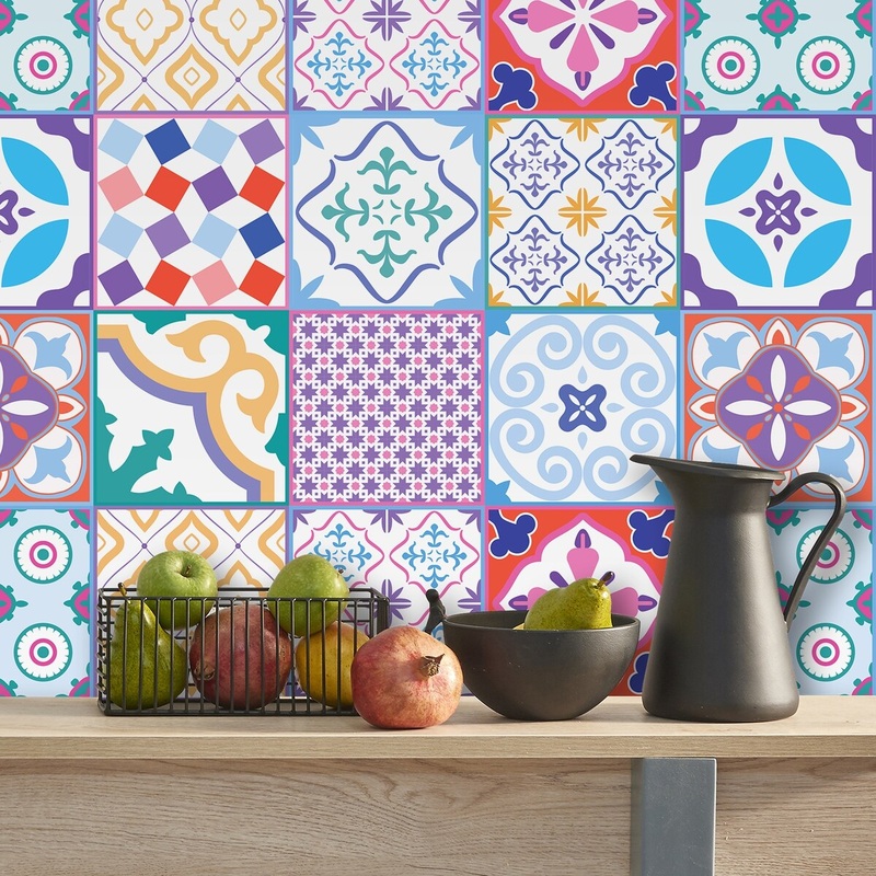 Walplus Classic Moroccan Colorful Mixed Tile Stickers Peel and Stick Wall Stickers Set 1