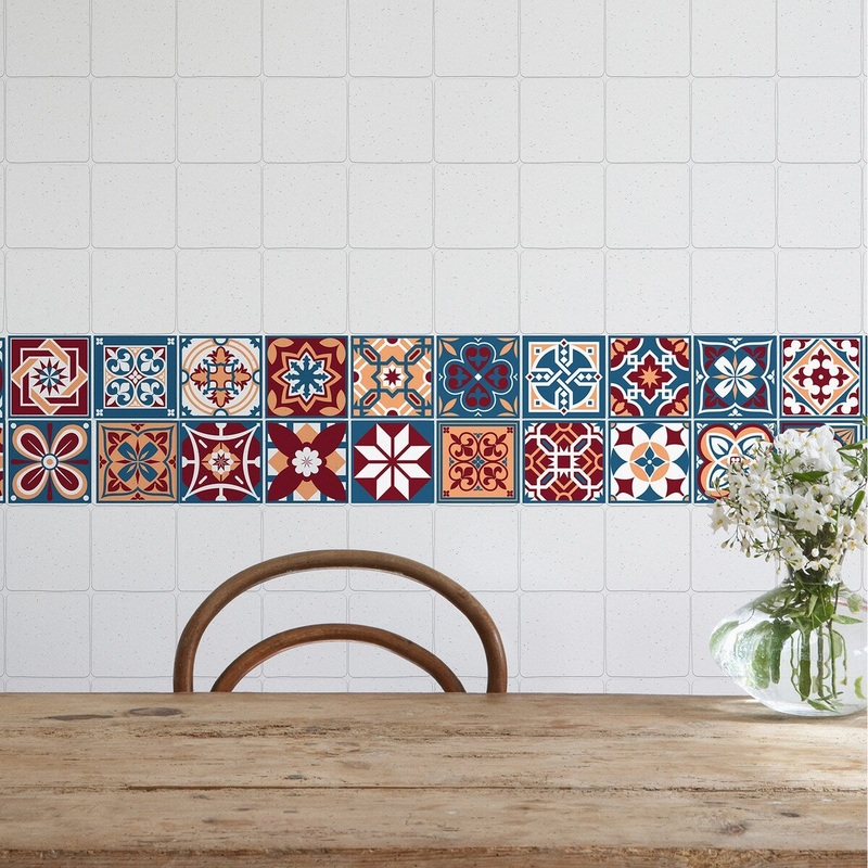 Walplus Westminster Blue Red Tile Stickers Peel and Stick Wall Sticker Decal 4"x4"