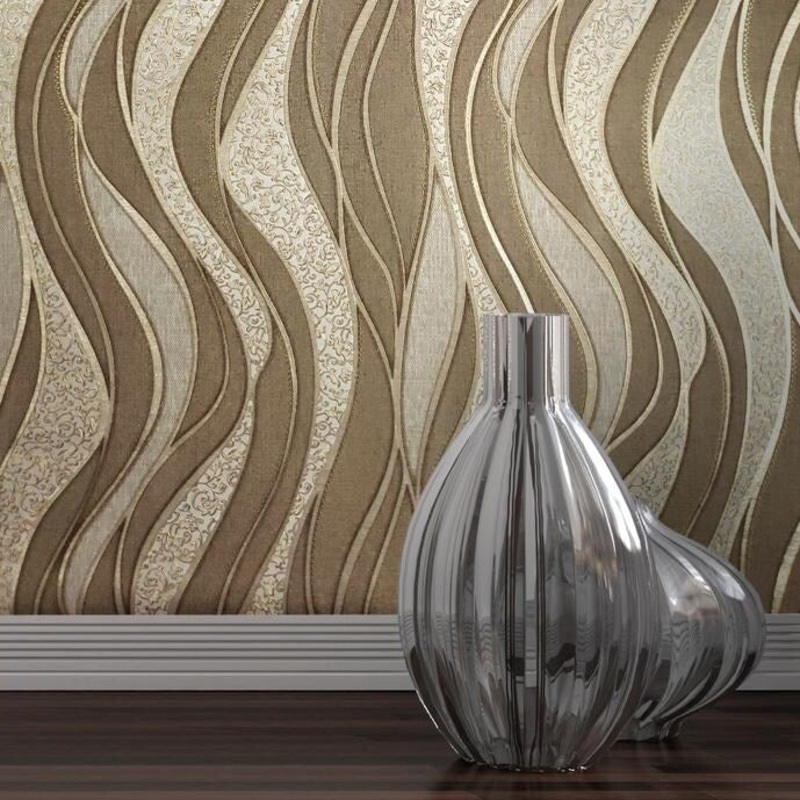 Textured Wave lines brown Gold Wallpaper embossed damask - 42 inc x 33 ft
