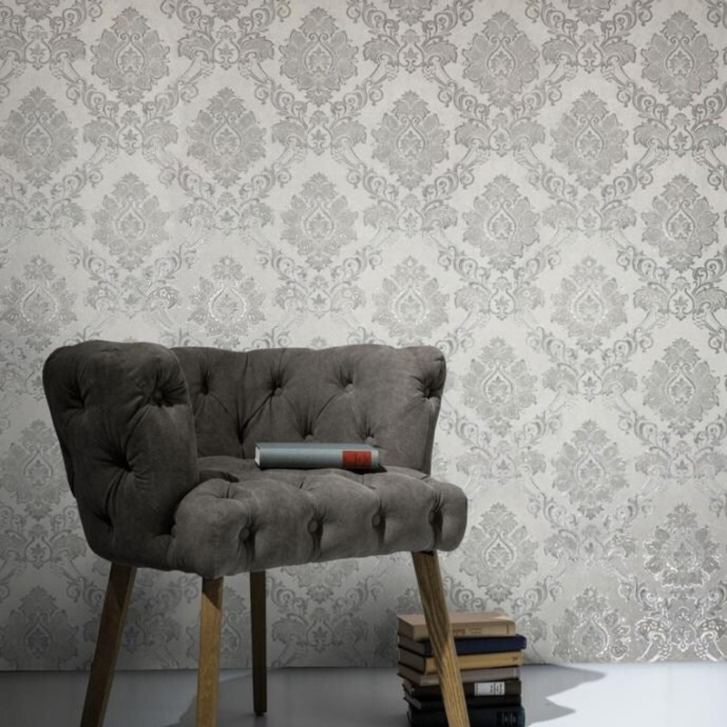 Wallpaper textured Victorian damask white ivory metallic 3D - 42 inc x 33 ft