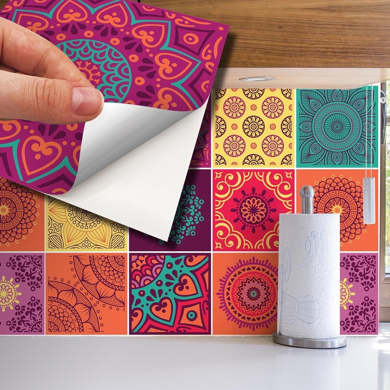 Walplus Colorful Mandala Tile Stickers Peel and Stick Wall Sticker Decal 6"x6"