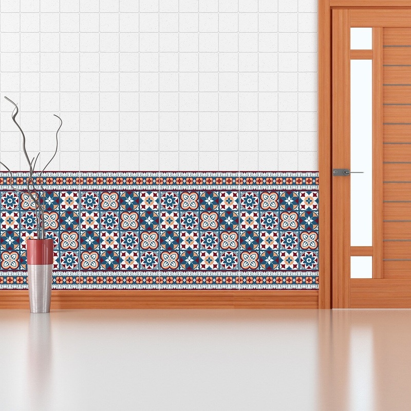 Walplus Red Blue Tile Stickers Peel and Stick Wall Sticker Decal 4"x4"