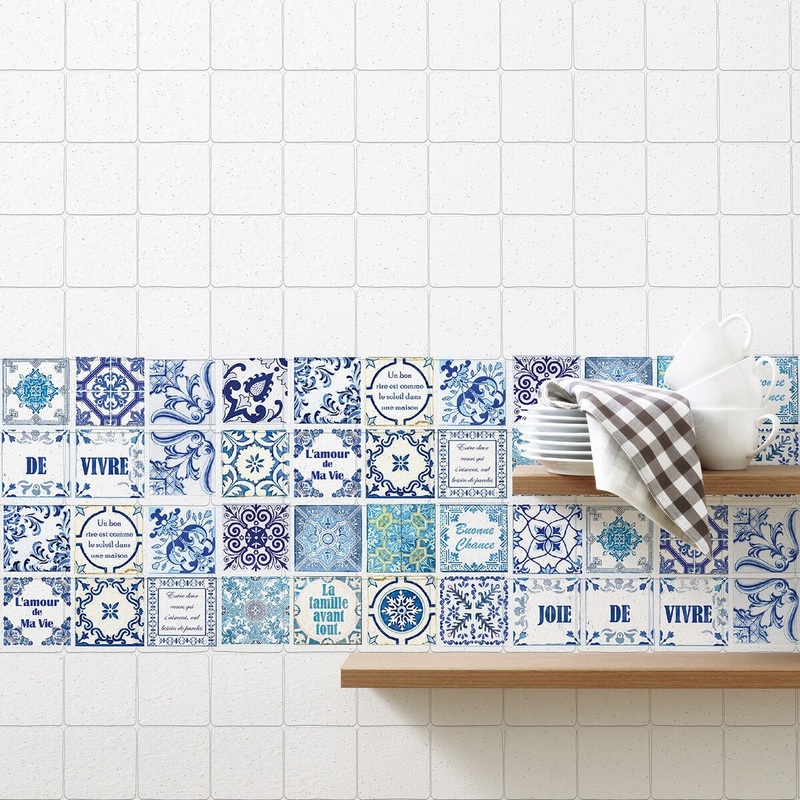 Walplus Tile Stickers Peel and Stick with French Quote Blue Wall Sticker Decal 24pcs