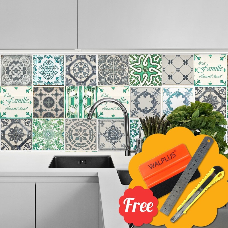 Walplus Vintage French Quote Wall Tile Stickers Peel and Stick Mosaic Stickers 48pcs 6"x6"
