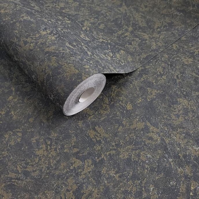 Dark Green Gray gold metallic Plain textured Faux plaster Wallpaper - 42 inc x 33 ft
