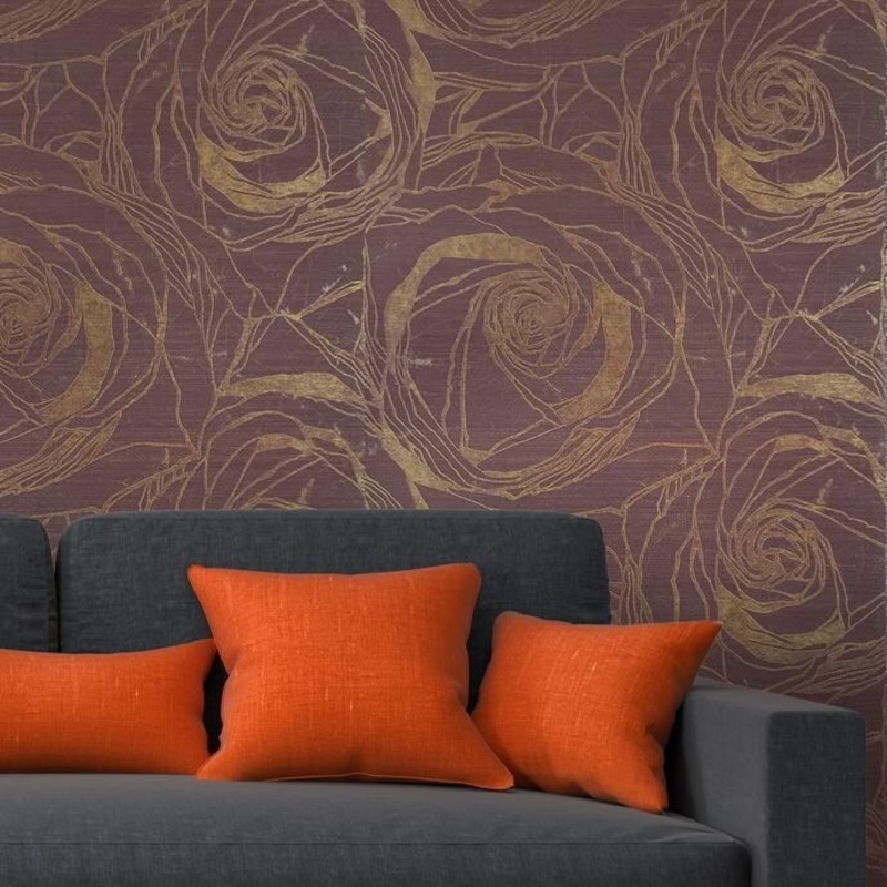 Wallpaper burgundy Gold Metallic Textured flowers floral Roses - 27 inc x 33 ft
