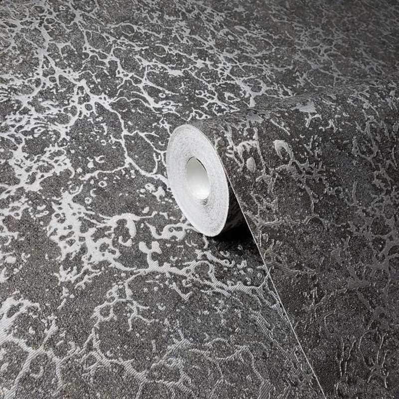 Wallpaper Charcoal Grey metallic faux Cracked plaster plain - 42 inc x 33 ft