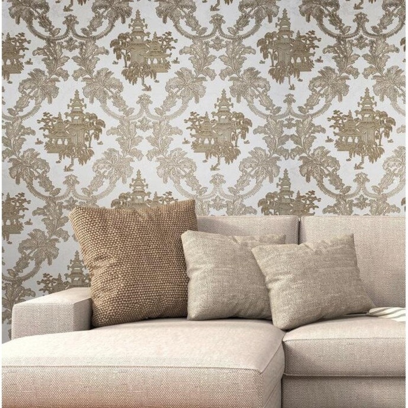Wallpaper Oriental Scenic Asian Ivory Gold Metallic floral damask - 42 inc x 33 ft