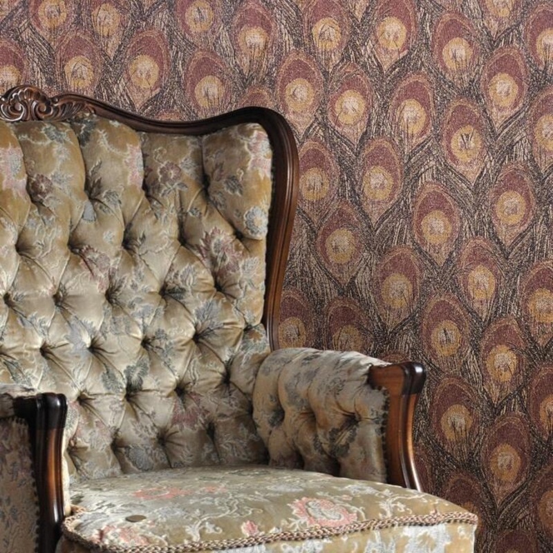 Wallpaper Peacock textured animal brown yellow Gold Metallic - 27 inc x 33 ft