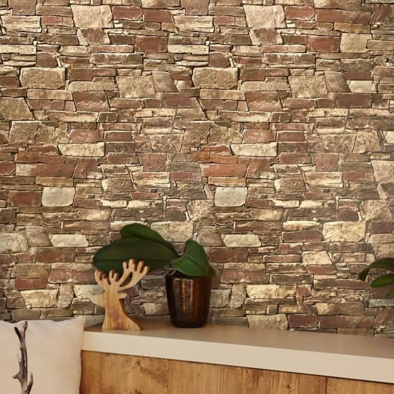 Wallpaper textured Brown Red modern faux stone 3D brick roll - 21 inc x 33 ft