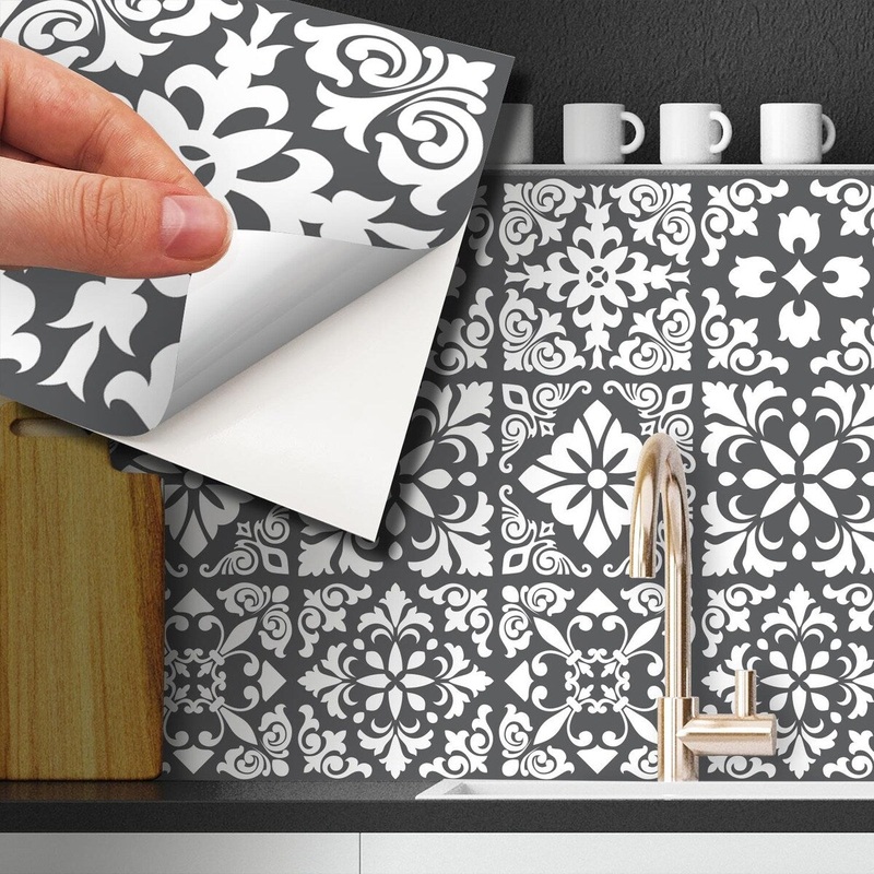 Walplus Dark Grey Spanish Renaissance Tile Stickers Peel and Stick Wall Stickers Wall Art