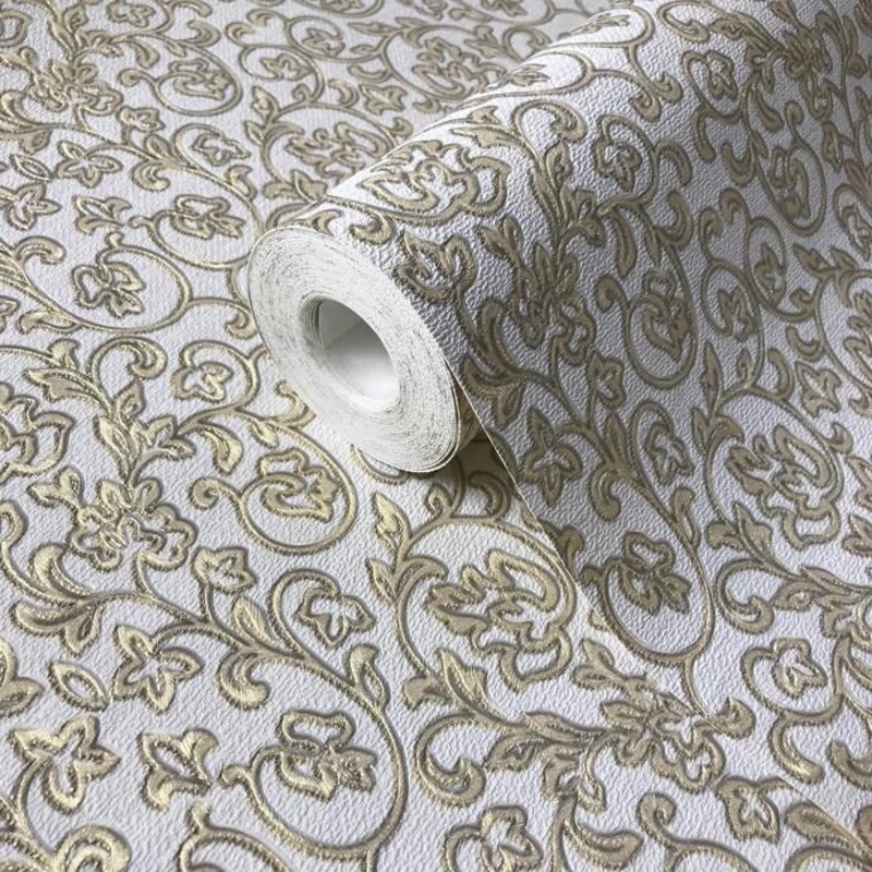 White Gold Metallic Wallpaper embossed Floral damask - 42 inc x 33 ft